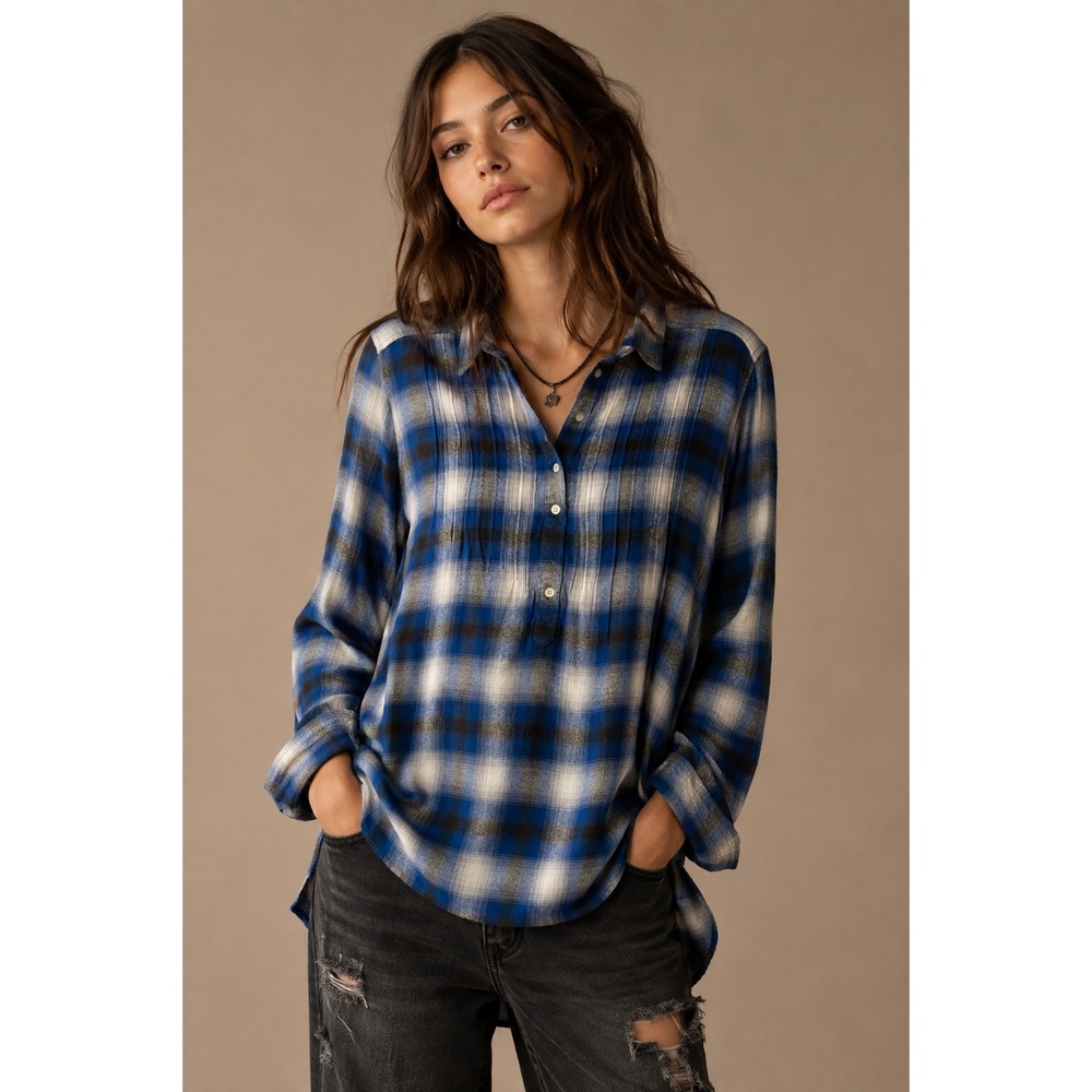 American Eagle Outfitters‎ Plaid High Low Popover Tunic Shirt Blue White M